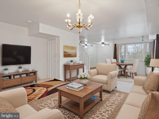 living room featuring a chandelier