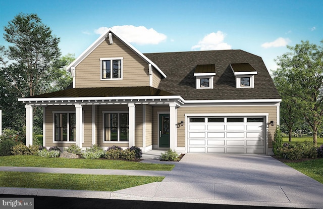 view of front of home featuring a porch, a garage, and a front lawn