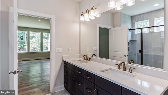 bathroom featuring vanity and a shower with shower door