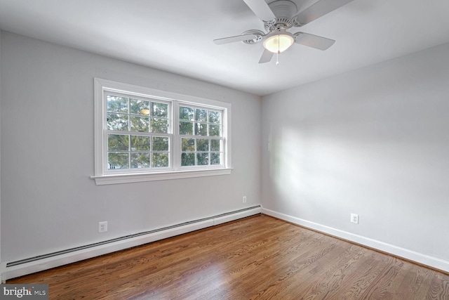 unfurnished room with baseboard heating, ceiling fan, and light hardwood / wood-style flooring