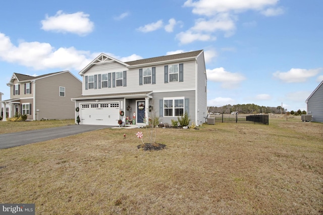 view of front facade featuring central AC unit, a garage, and a front lawn