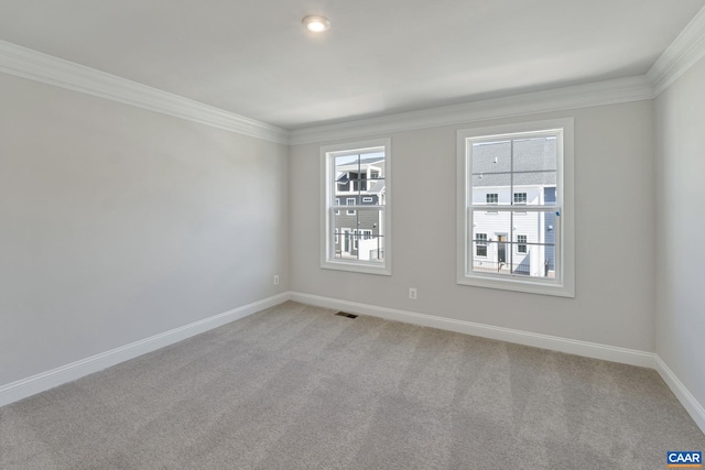 spare room with light carpet and crown molding