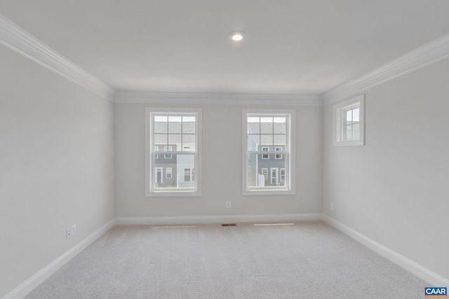 spare room featuring light carpet and ornamental molding