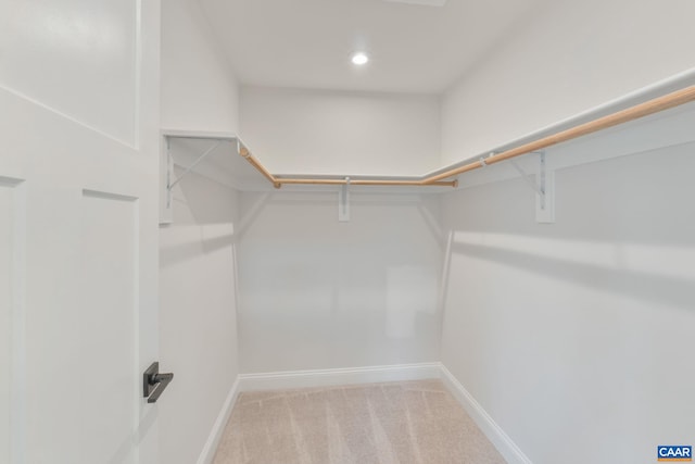 walk in closet with light colored carpet