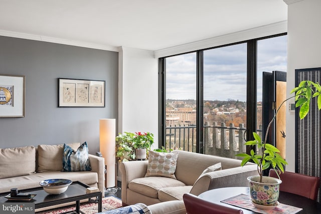 living room with floor to ceiling windows and crown molding