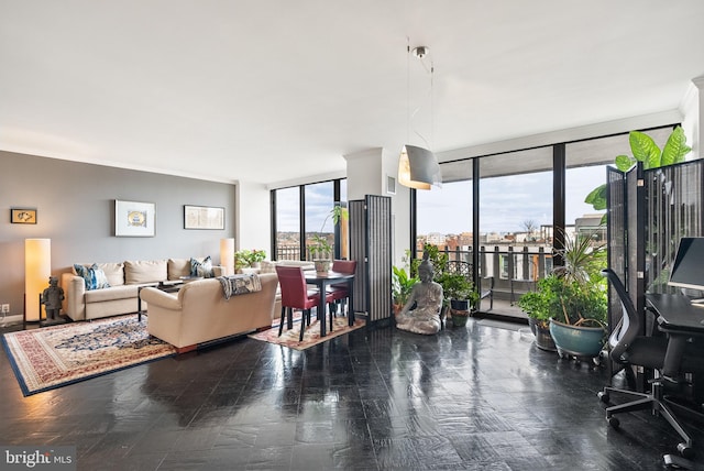 living room featuring a healthy amount of sunlight and floor to ceiling windows