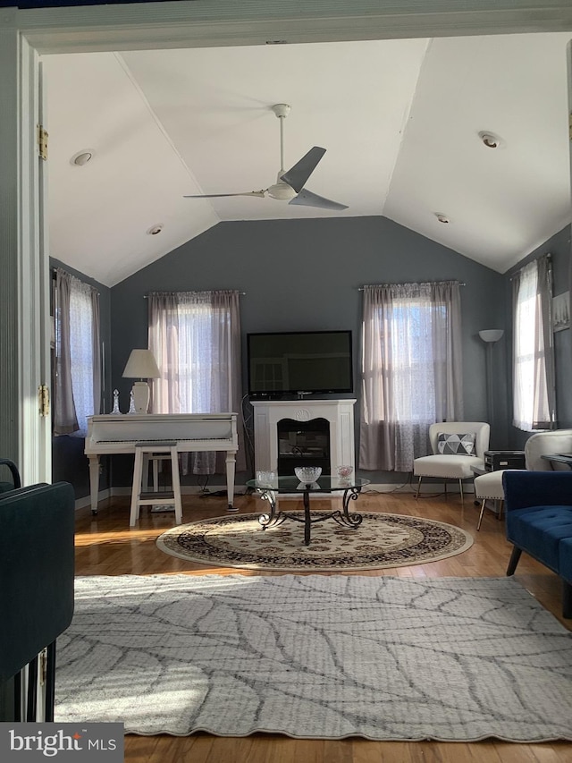 interior space with wood-type flooring, vaulted ceiling, and ceiling fan