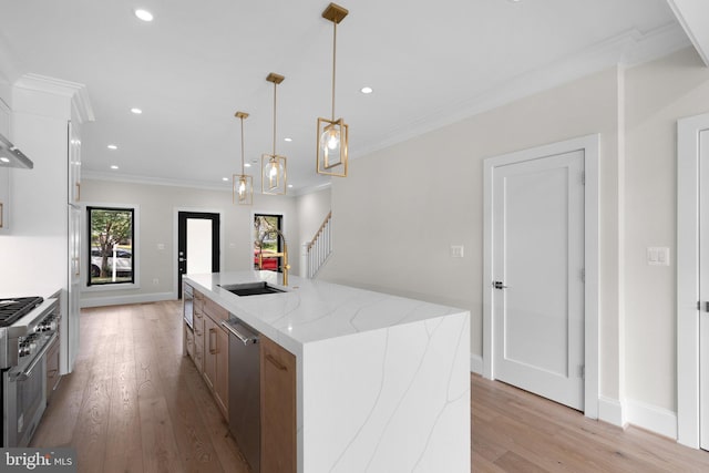 3710 S St NW, Washington, DC 20007 - kitchen with light wood-style flooring, ornamental molding, stainless steel appliances, and a sink