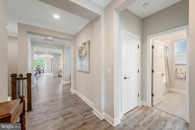 hallway featuring light wood-type flooring and crown molding