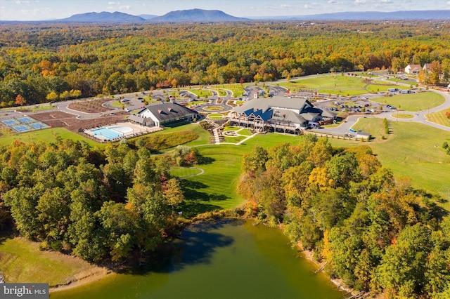 drone / aerial view featuring a water and mountain view