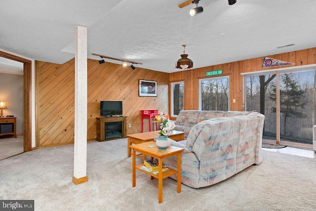 carpeted living room with a textured ceiling, track lighting, and wooden walls