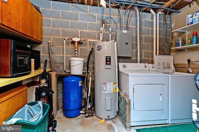 interior space featuring electric panel, electric water heater, and washer and dryer