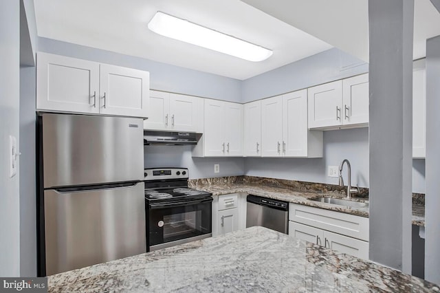 10137 Prince Pl Unit 203-6B, Upper Marlboro, MD 20774 - kitchen featuring stainless steel appliances, a sink, under cabinet range hood, and light stone countertops