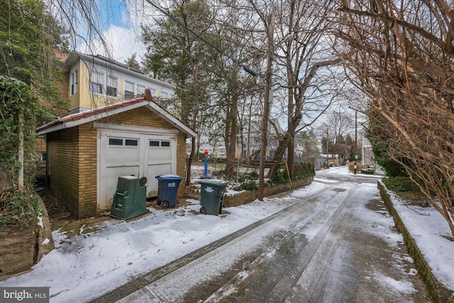 exterior space with a shed