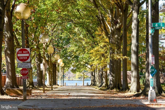 view of street with a water view