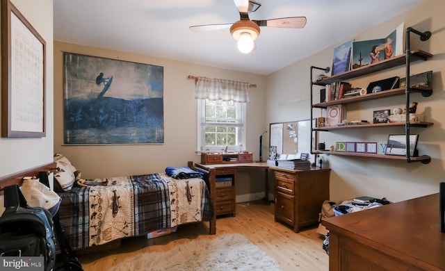 bedroom with ceiling fan and light hardwood / wood-style flooring