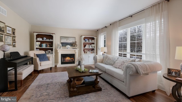 living room featuring dark wood-type flooring