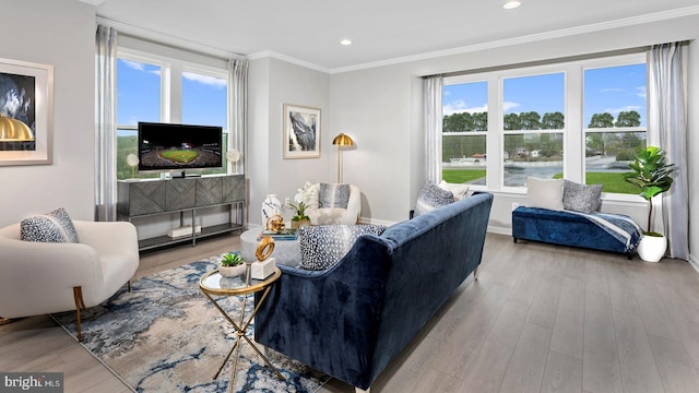 living room with light wood-type flooring and ornamental molding