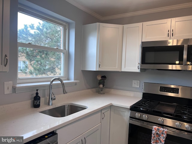 kitchen with white cabinets, appliances with stainless steel finishes, a wealth of natural light, and sink