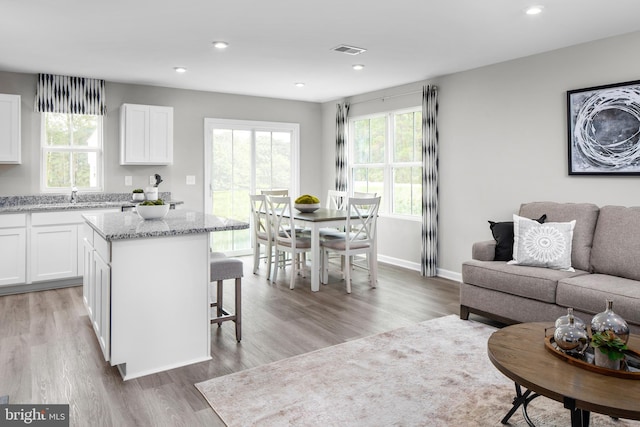 living room with light hardwood / wood-style floors and sink