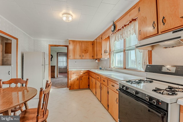 kitchen featuring crown molding, sink, and white appliances