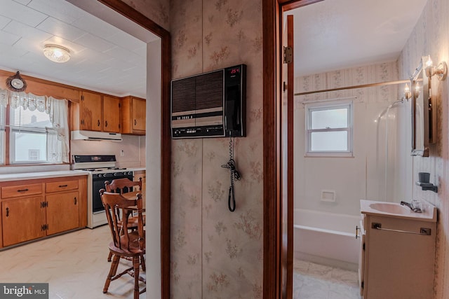 kitchen featuring plenty of natural light, white range with gas stovetop, and sink