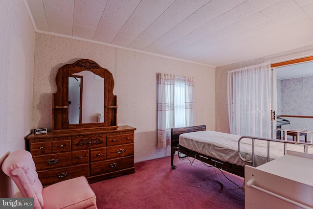 bedroom featuring carpet floors and ornamental molding