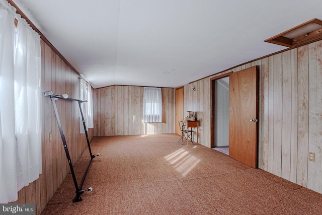 interior space featuring wood walls and lofted ceiling