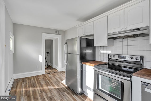 kitchen featuring stainless steel appliances, light hardwood / wood-style flooring, butcher block countertops, decorative backsplash, and white cabinets