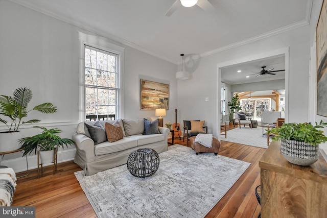 living room featuring wood-type flooring, ceiling fan, and crown molding