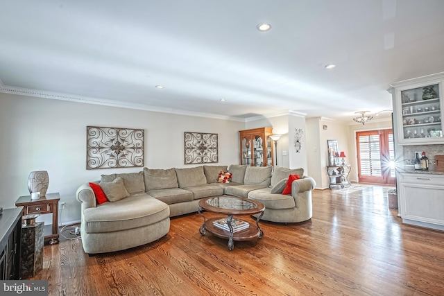 living room featuring crown molding and light hardwood / wood-style flooring