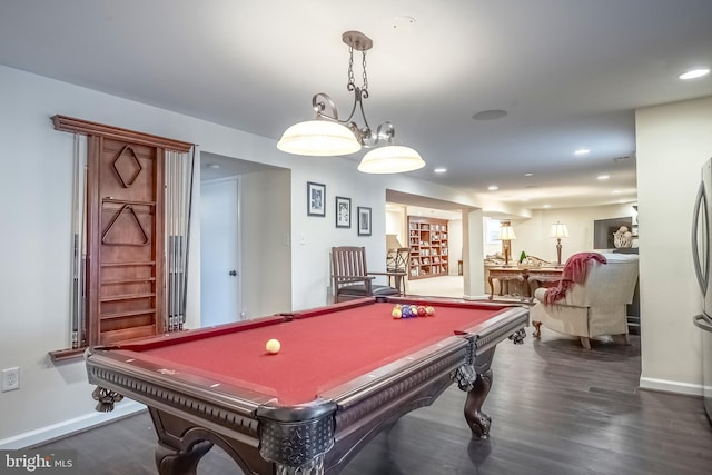 game room with dark hardwood / wood-style flooring and pool table