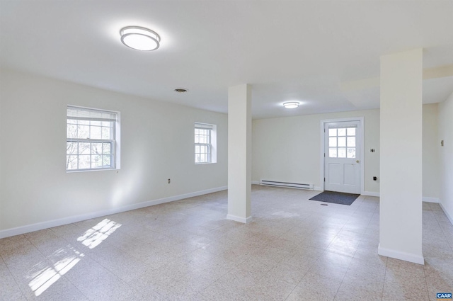 basement featuring plenty of natural light and a baseboard heating unit