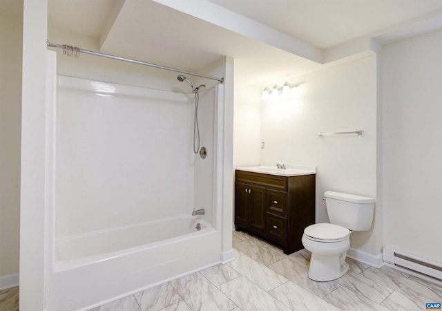 full bathroom featuring bathing tub / shower combination, vanity, a baseboard radiator, and toilet