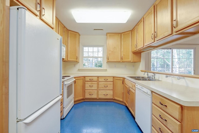 kitchen featuring a healthy amount of sunlight, white appliances, sink, and light brown cabinets