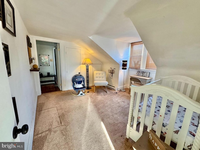 carpeted bedroom featuring vaulted ceiling