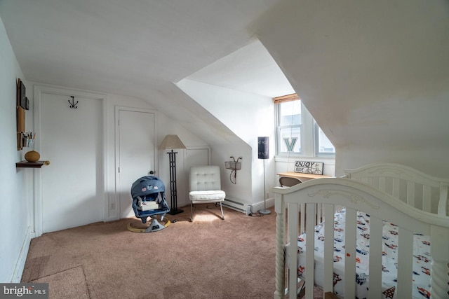 carpeted bedroom with vaulted ceiling and a crib