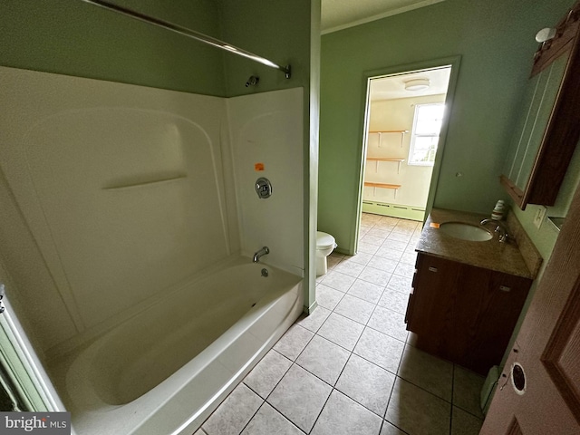 full bathroom with vanity,  shower combination, a baseboard radiator, tile patterned flooring, and toilet