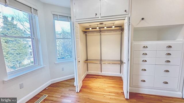 walk in closet with light wood-type flooring