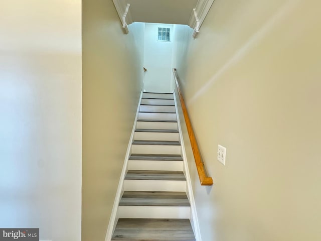 stairs featuring hardwood / wood-style floors