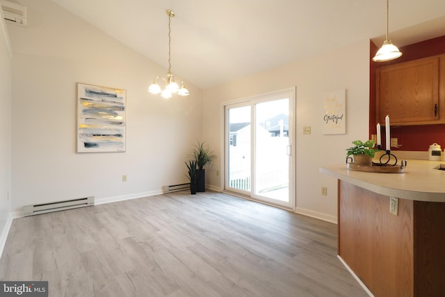 dining room featuring a baseboard radiator, vaulted ceiling, light hardwood / wood-style floors, and a notable chandelier