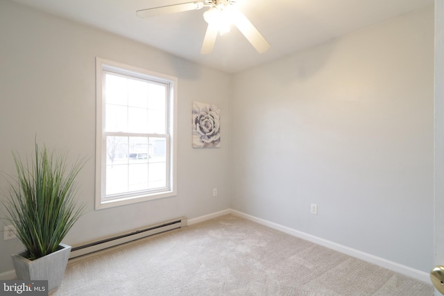 carpeted empty room with ceiling fan and baseboard heating