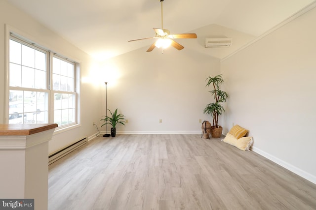 spare room featuring ceiling fan, a wall mounted air conditioner, baseboard heating, vaulted ceiling, and light wood-type flooring