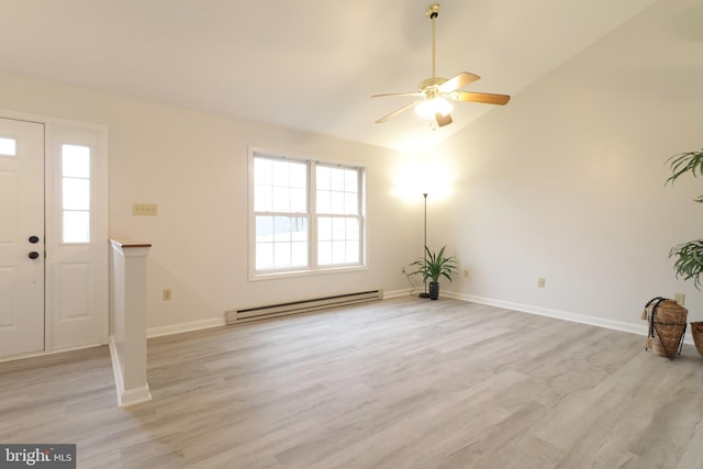 entryway with a baseboard radiator, vaulted ceiling, ceiling fan, and light hardwood / wood-style flooring