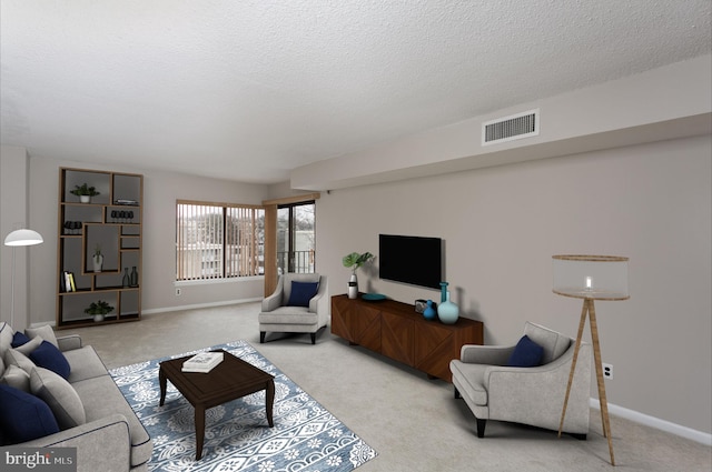 living room featuring a textured ceiling and light colored carpet