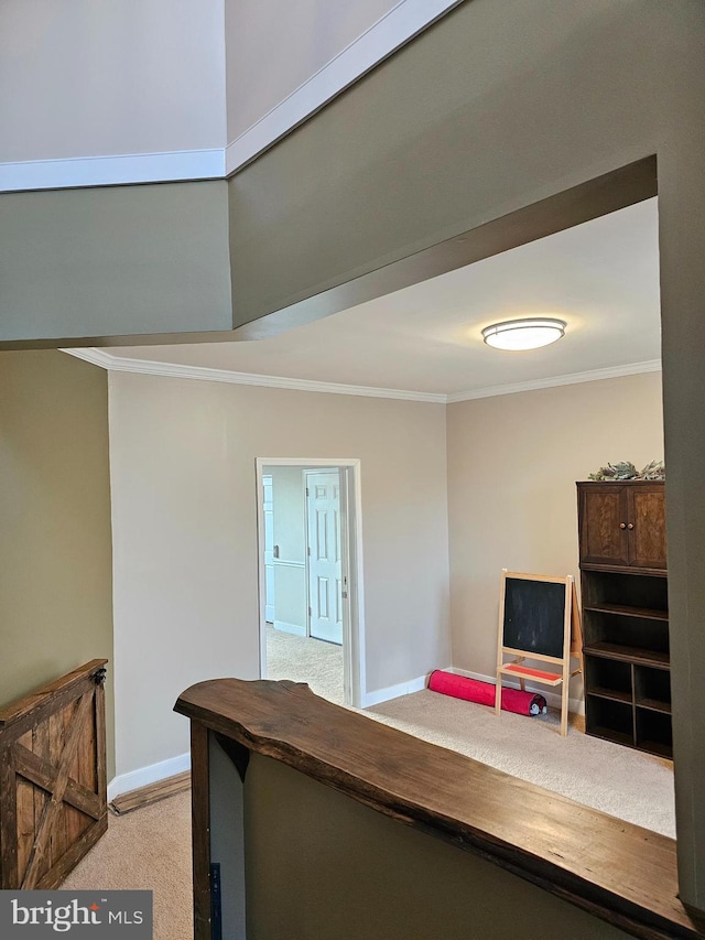 interior space featuring crown molding and light colored carpet