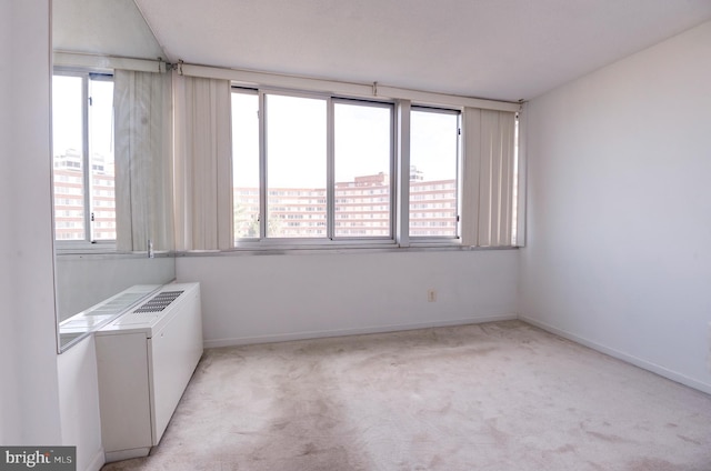 unfurnished room featuring light colored carpet