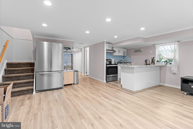 kitchen featuring white cabinetry, light hardwood / wood-style flooring, ventilation hood, kitchen peninsula, and appliances with stainless steel finishes