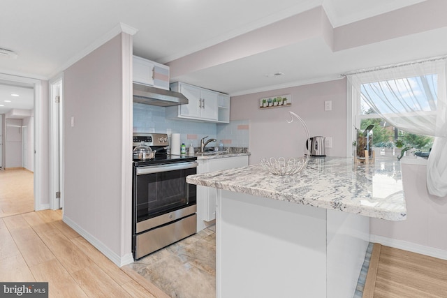 kitchen featuring stainless steel electric range oven, crown molding, light hardwood / wood-style floors, decorative backsplash, and white cabinets