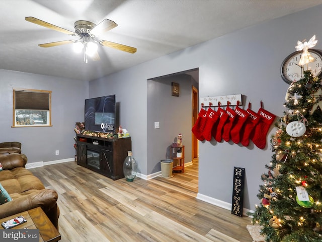 living room with light hardwood / wood-style floors and ceiling fan